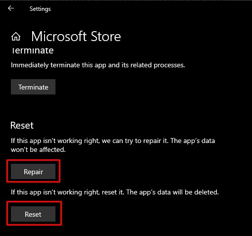 Repair and Reset Microsoft Store
