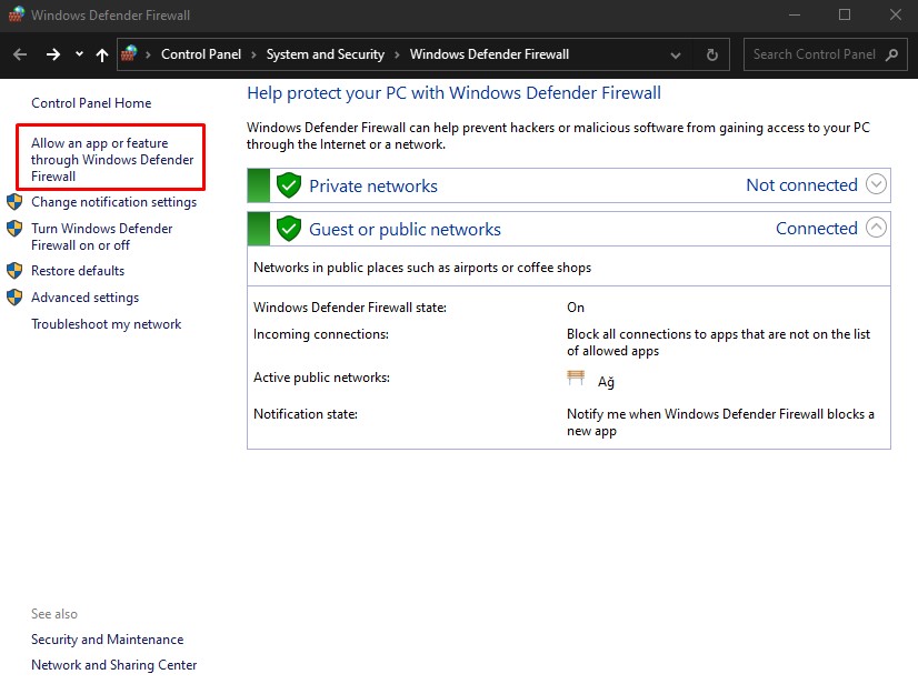 Allow Windows Defender Firewall