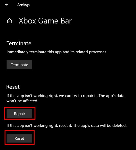 Repair and Reset Xbox Game Bar