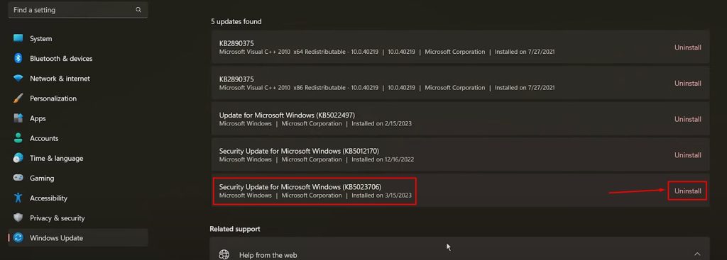 Uninstall KB5023706 Update